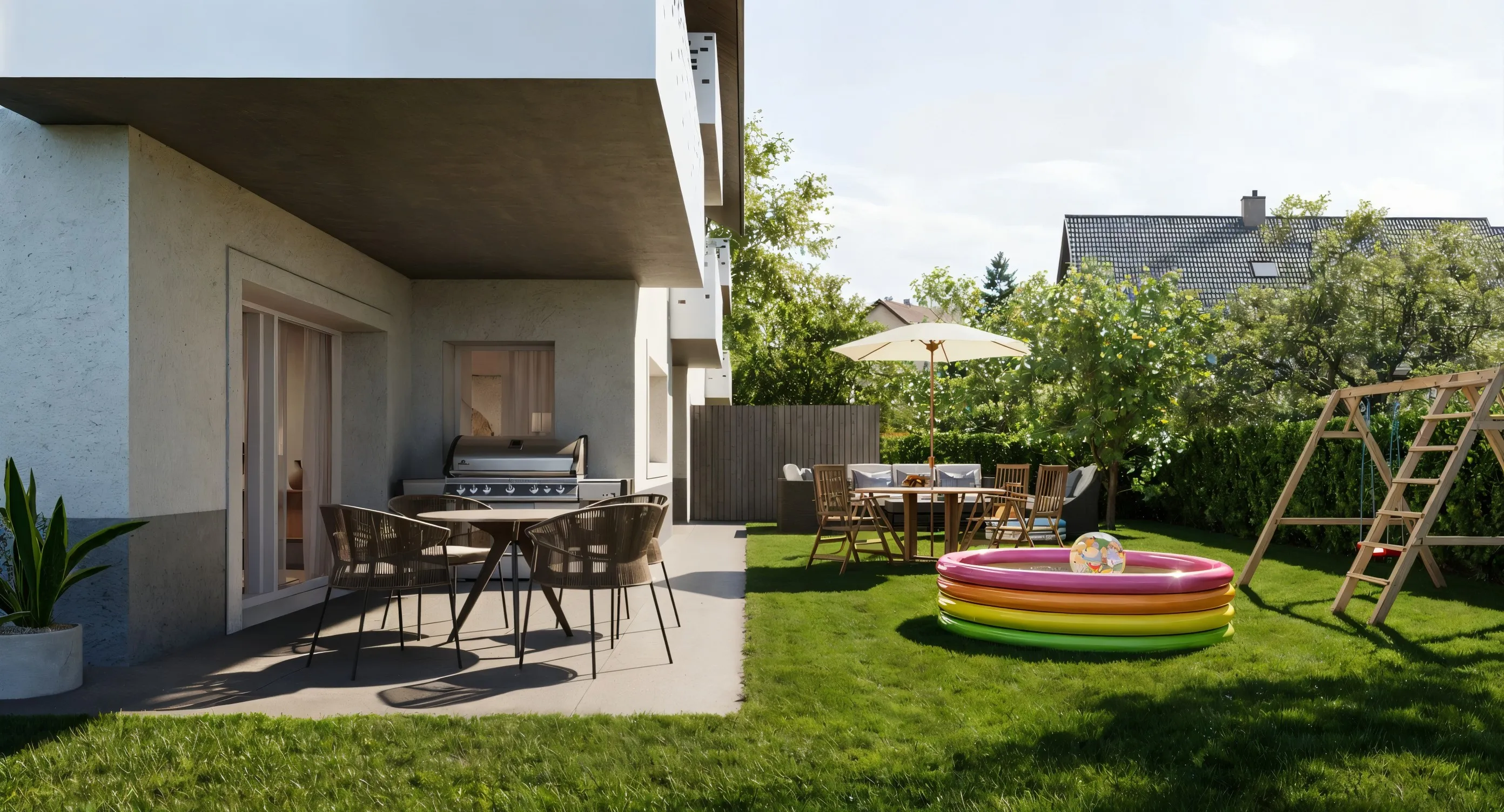 B01 — le jardin privatif de 224 m², terrasse et jeux